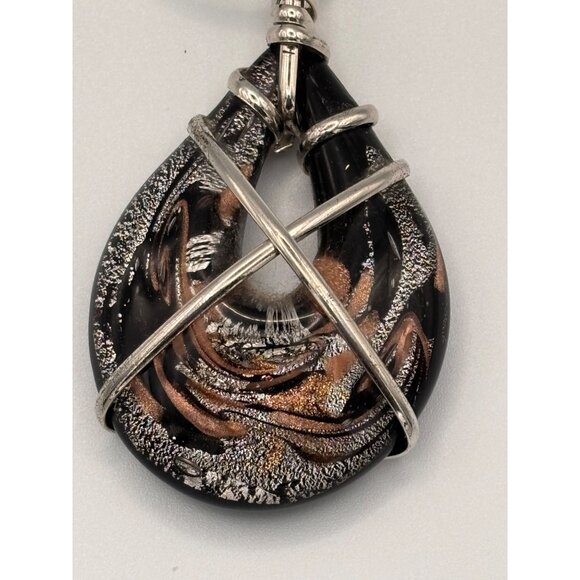 Black, Silver & Gold Art Glass Teardrop Pendant Necklace With Cord Dichroic - Picture 2 of 5